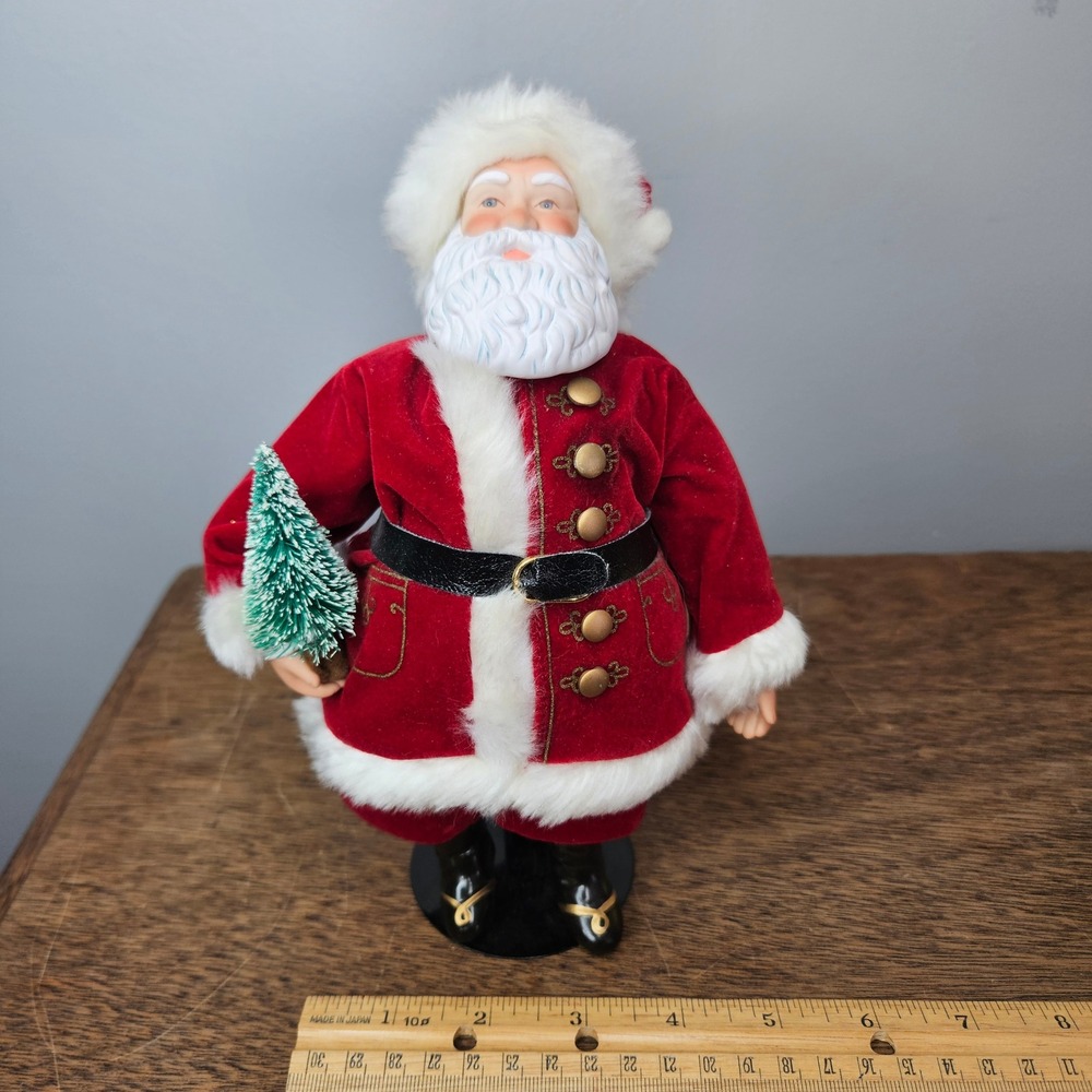 Santa Claus Figurine w Tree Porcelain Face 15" Traditional Red Velvet Suit Stand